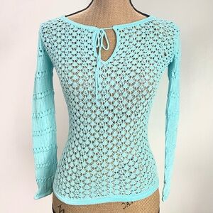 Guess Sexy Fitted Vintage Crochet Knit Hollow Out Sweater, Scallop, Bright Aqua